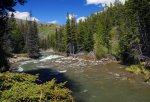 Lynx Creek Provincial Recreation Area, Alberta, Canada. The river spreads out as it flows North-West from the campground.