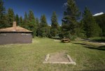 Dutch Creek Provincial Recreation Area, Alberta, Canada. Horseshoe pit beside the group shelter.