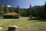 Dutch Creek Provincial Recreation Area, Alberta, Canada. Recreational space around a camp shelter.