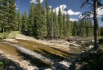 Livingstone Falls Provincial Recreation Area, Alberta, Canada. Looking east from Livingstone Falls, the path on the left leads to the campground.