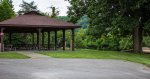 General Burnside State Park, Kentucky, United States. One of two picnic shelters in the park. Down the hill is the pool which is permanently closed due to outbreaks of folliculitis. There is no designated swim area at the park.