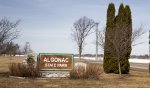 Click to enlarge Algonac State Park, Michigan, United States. Entrance to the campground. The campground and hiking trails are on the west side of River Road and the small day use area on the river is across the street.