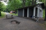Click to enlarge Fair Haven Beach State Park, New York, United States. Cabin 13. View from the cabin over to the access road and to other cabins in the campground.