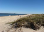First Landing State Park, Virginia, United States. View of beach from dune crossover near campground parking lot, looking east towards Cape Henry lighthouse (Cape Henry is on Atlantic shore of Virginia, north of Virginia Beach, the southern boundary of entrance to Chesapeake Bay) 